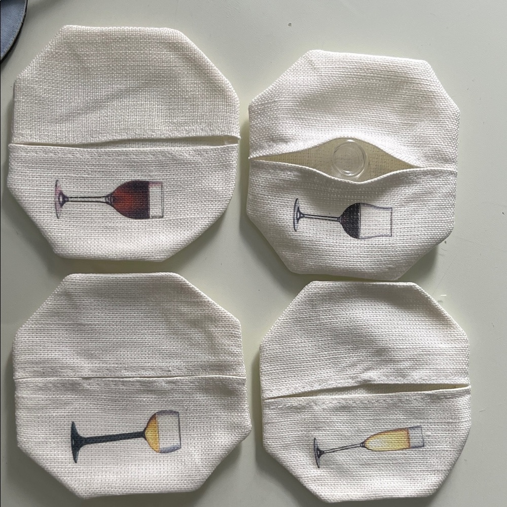Set of 4 Cloth White slip-on Coasters with Wine Glass Design